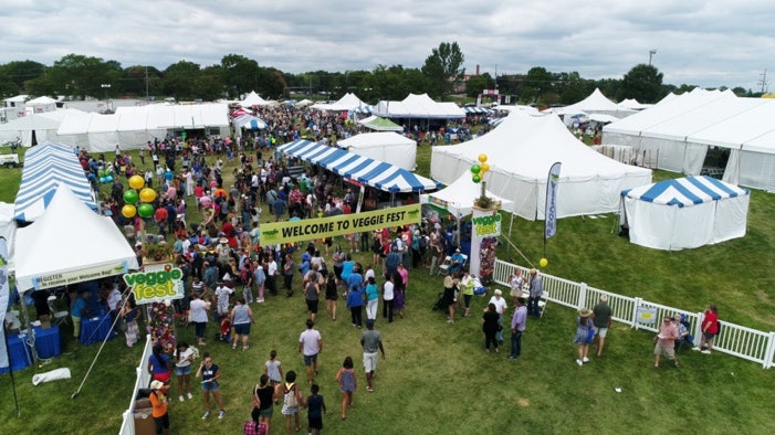 Aerial view of crowds and food tents at Veggie Fest