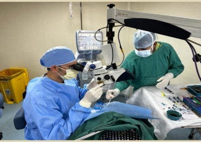 Volunteer medical team providing surgical care at a free eye camp