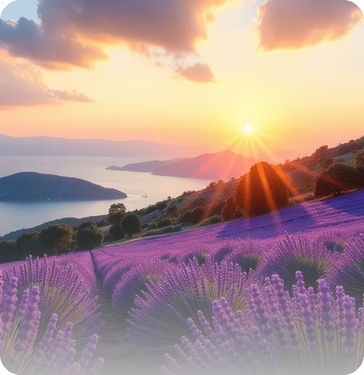 A sunlit mountain landscape at dusk