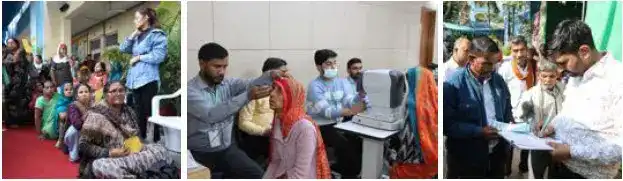 Volunteers and medical staff caring for eye camp patients