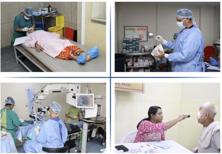 Scenes of screenings, surgeries, and patient care at the eye camp