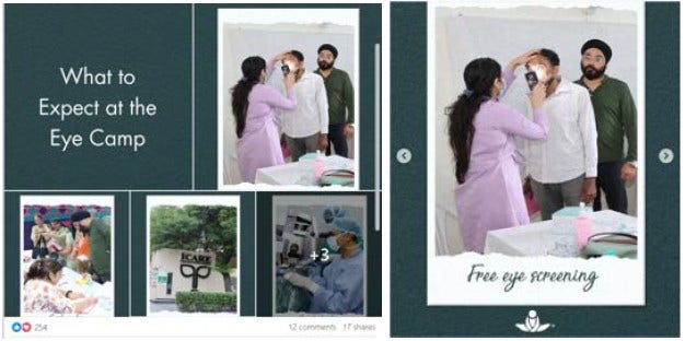 Social media posts announcing the free eye camp