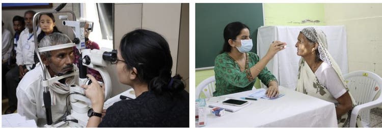 Volunteer eye surgeons examining patients at the camp